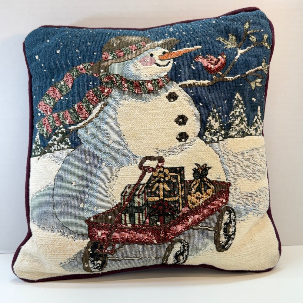 Fashion Throw Pillow 12x12 Blue Snowman‎ Red Wagon Christmas Tapestry